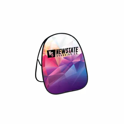 A teardrop-shaped trade show display banner with colorful geometric design and the text 'NEWSTATE BRANDING CO' on a plain background.