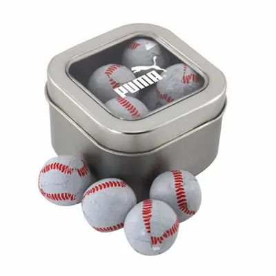 Window Tin with Chocolate Baseballs - SBF2500 - Custom Ribbons Now