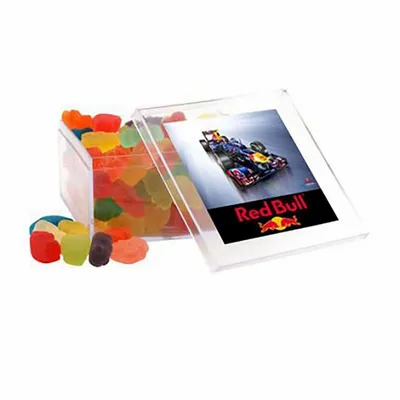 Clever Candy Large Square Acrylic Candy Box with Gummy Bears - Custom Ribbons Now