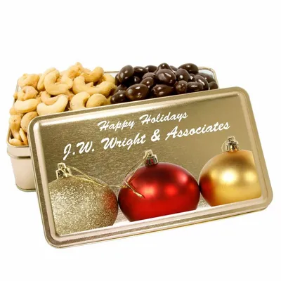 2-Share Tin - Salted Cashews/Dark Chocolate Almonds - Custom Ribbons Now