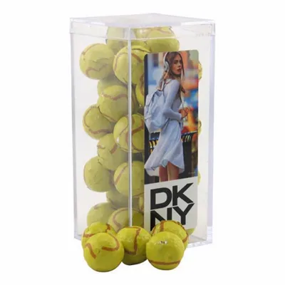 Acrylic Box with Chocolate Tennis Balls - Medium - Custom Ribbons Now