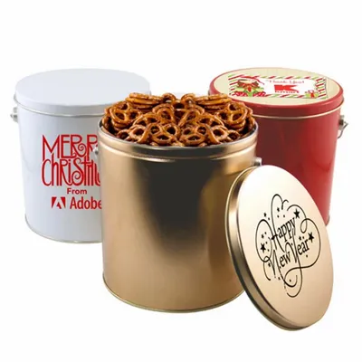 1 Gallon Gift Tin with Pretzels - Custom Ribbons Now