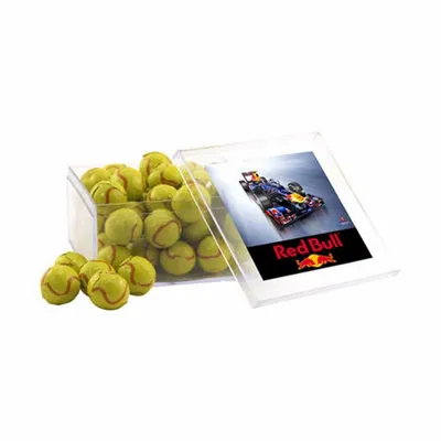 Acrylic Box with Chocolate Tennis Balls - Large - Custom Ribbons Now