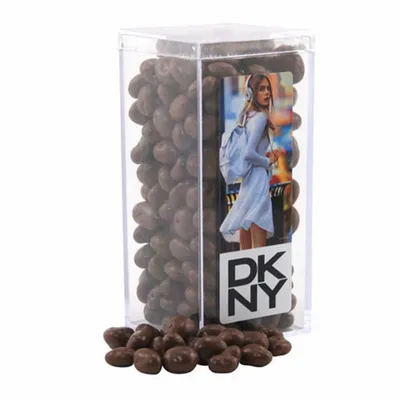 Acrylic Box with Chocolate Covered Raisins - Custom Ribbons Now