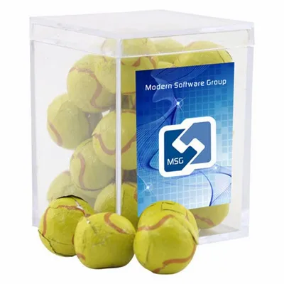 Acrylic Box with Chocolate Tennis Balls - Small - Custom Ribbons Now