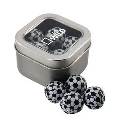 Window Tin with Chocolate Soccer Balls - SBF2500 - Custom Ribbons Now