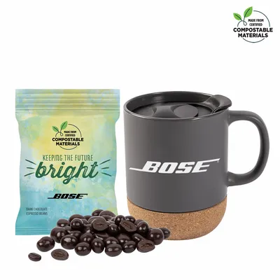 Cork Bottom Mug w/ Compostable Bag of Dark Chocolate Espresso Beans - Custom Ribbons Now