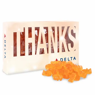 Thanks Die Cut Box with Champagne Gummy Bears - Custom Ribbons Now