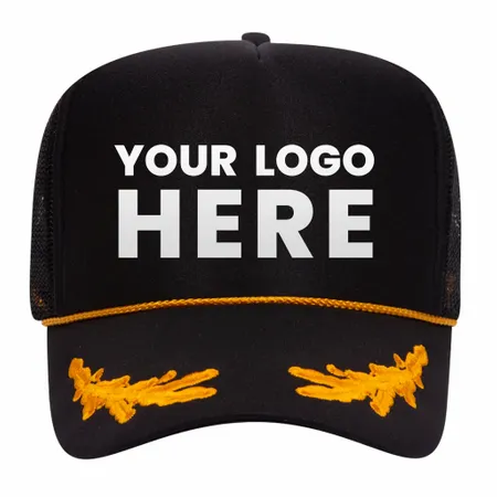 Otto 39-162 5-Panel High Crown Foam Trucker Hat - Black/Gold with Oak Leaves - Custom Ribbons Now