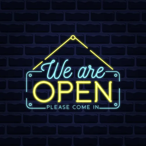 We Are Open Blue and Yellow Neon Sign - Custom Ribbons Now