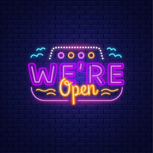 We're Open with Wave Lines Neon Sign - Custom Ribbons Now