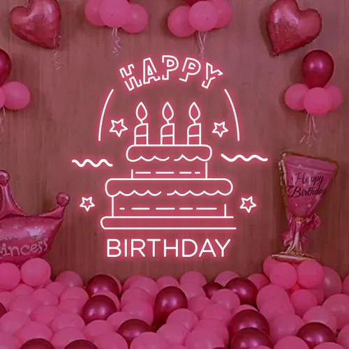 Big Happy Birthday Text with Cake Neon Sign - Custom Ribbons Now