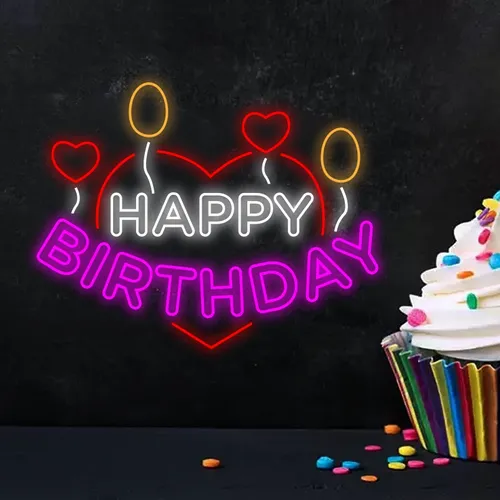 Happy Birthday Heart and Balloon Neon Sign - Custom Ribbons Now