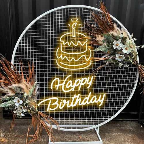 Happy Birthday with Cake on Top Neon Sign - Custom Ribbons Now