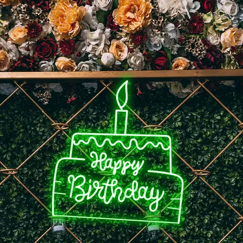 Happy Birthday Text in Big Cake Neon Sign - Custom Ribbons Now