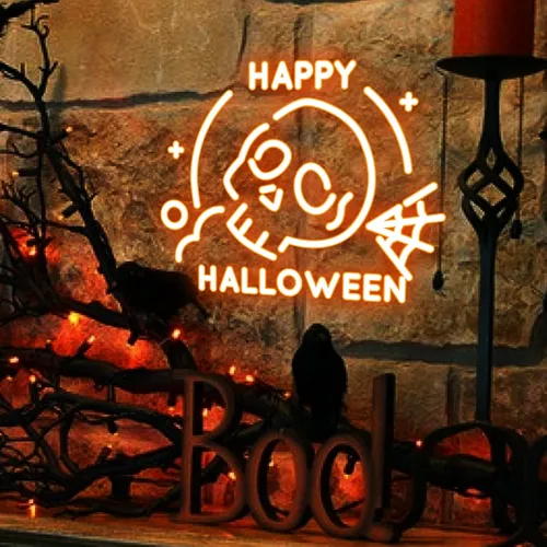 Happy Halloween Skull Neon Sign - Custom Ribbons Now