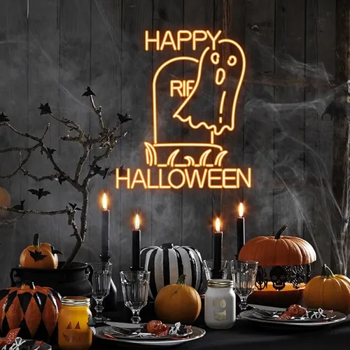 Happy Halloween Ghost Neon Sign - Custom Ribbons Now