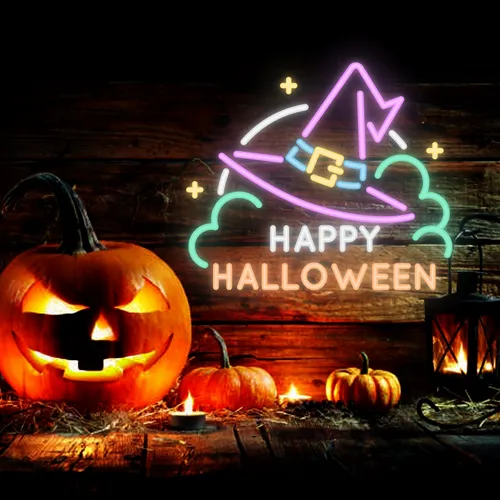 Happy Halloween Hat Neon Sign - Custom Ribbons Now