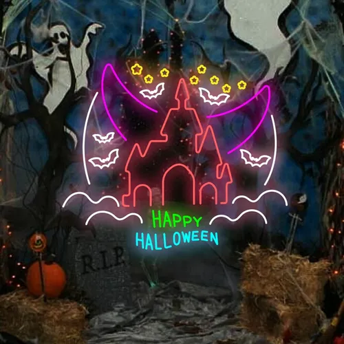 Happy Halloween Castle Neon Sign - Custom Ribbons Now