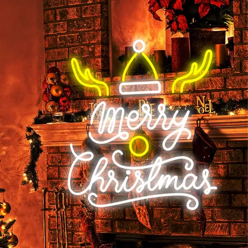 Merry Christmas Deer Horn with Hat Neon Sign - Custom Ribbons Now