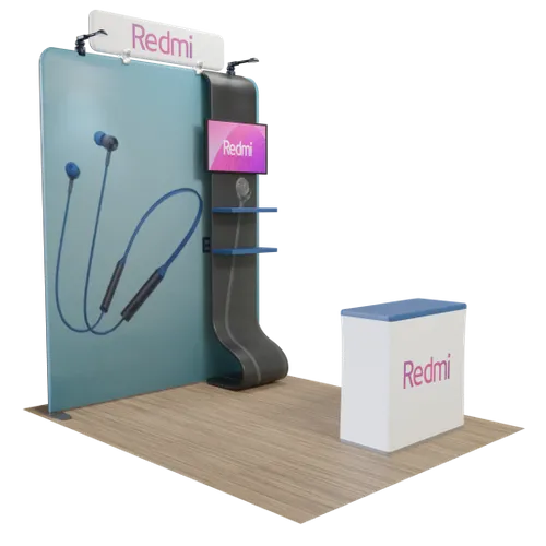 Custom Media Display with TV Stand Tension Fabric 8' x 8' - Custom Ribbons Now