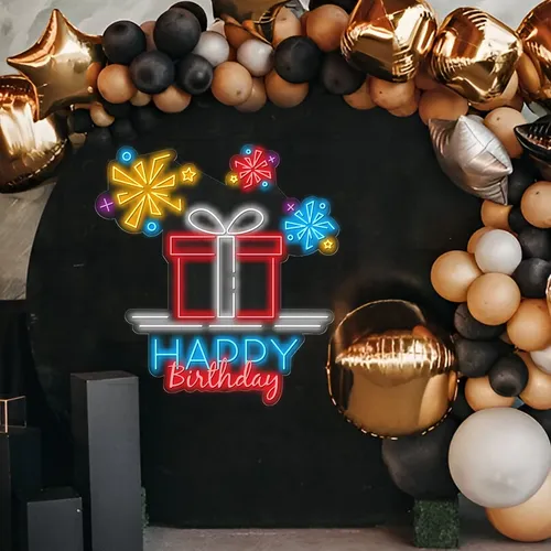 Happy Birthday with a Gift Box Neon Sign - Custom Ribbons Now