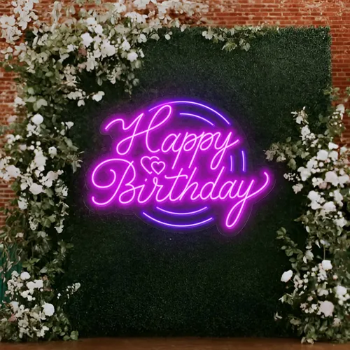 Happy Birthday Purplish Neon Sign - Custom Ribbons Now