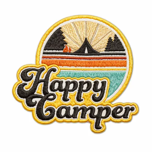 Round Happy Camper Iron On Patch - Custom Ribbons Now