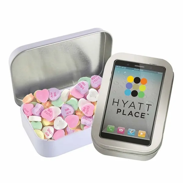 Rectangular Tin - Imprinted Conversation Hearts - Custom Ribbons Now