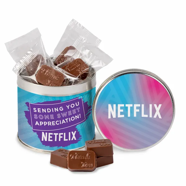 Round Tin with Molded Chocolates - Custom Ribbons Now