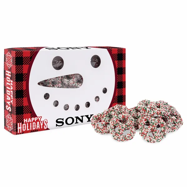 Snowman Die Cut Box with Milk Chocolate Christmas Mini Pretzels - Custom Ribbons Now