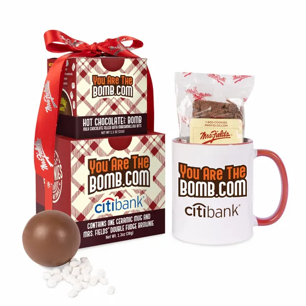 Mrs. Fields Mug, Brownie, Hot Chocolate Bomb Gift Set - Custom Ribbons Now