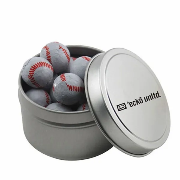 Round Tin with Chocolate Baseballs - SBF3100 - Custom Ribbons Now