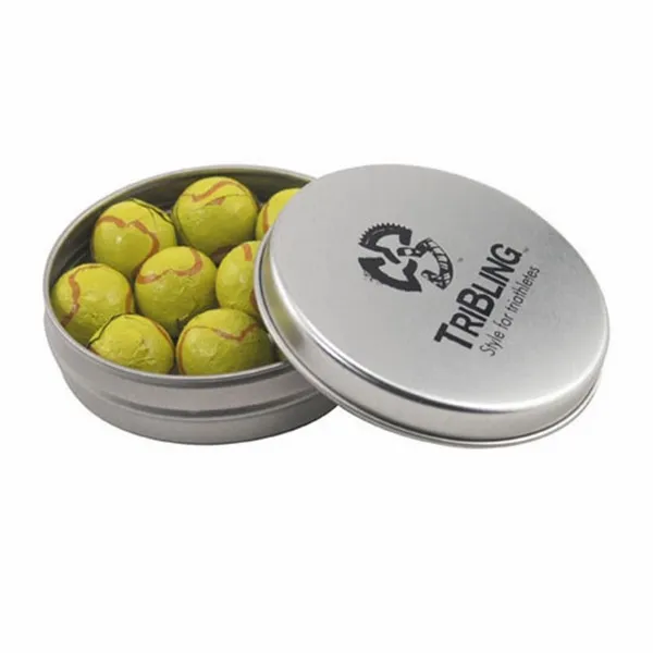 Round Tin with Chocolate Tennis Balls - SBF2900 - Custom Ribbons Now