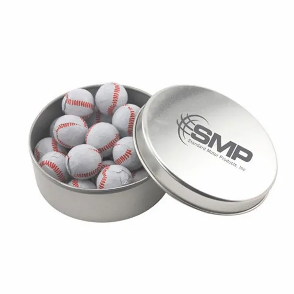 Round Tin with Chocolate Baseballs - SBF3000 - Custom Ribbons Now