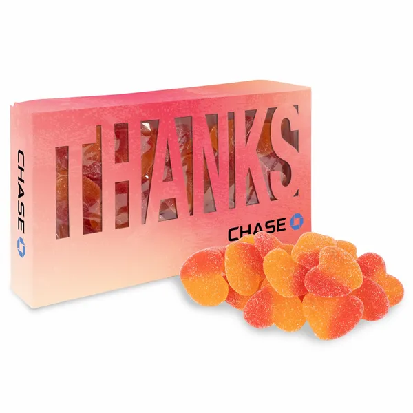 Thanks Die Cut Box with Sour Peachy Hearts - Custom Ribbons Now