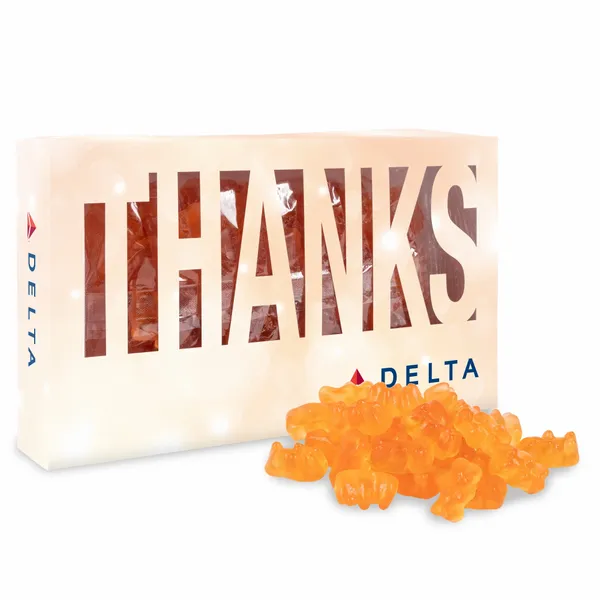 Thanks Die Cut Box with Champagne Gummy Bears - Custom Ribbons Now