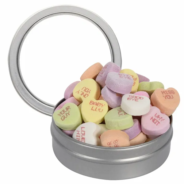 Short Round Tin with Conversation Hearts - Custom Ribbons Now